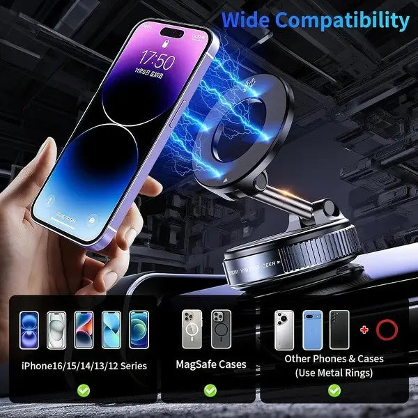 Universal Magnetic Car Phone Holder Strong Vacuum Suction Cup Mount for All Smartphones & Vehicles Foldable Design Works on Dashboard Gym & Bathroom Mirrors
